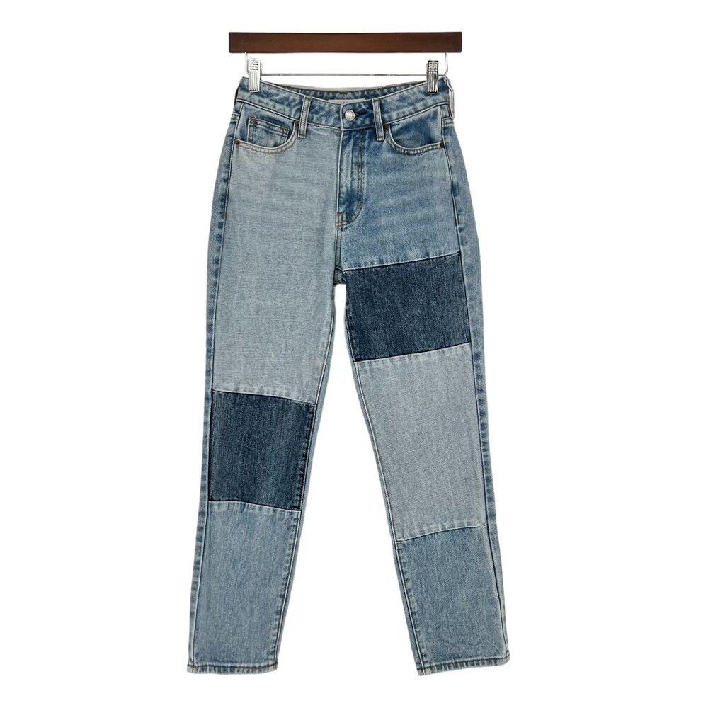PacSun Womens Patchwork High Rise Mom Jeans‎ Size 23 Light Blue Wash Denim Ankle